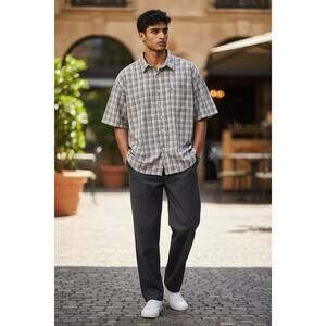 *NORTHCREST* Neutral Plaid asual Button Down Men's Size Large 100% Cotton